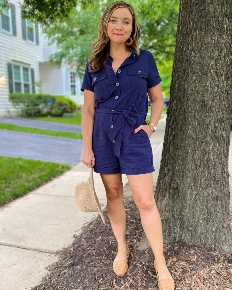 GRAPENT Women's Navy Blue Summer Casual Short Sleeves Button Down Pocket Belted Jumpsuits Rompers Size Large (Fits US 12-14) - Image 5